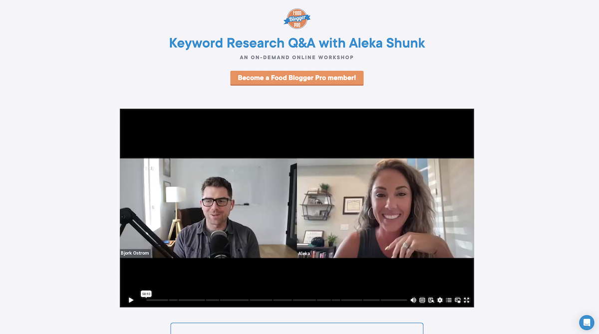 the Keyword Research Webinar landing page for Food Blogger Pro